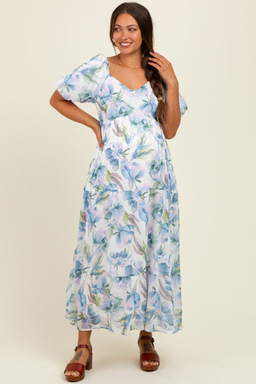 Blue Floral Chiffon Puff Sleeve Maternity Midi Dress