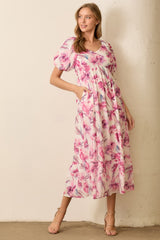 Pink Floral Chiffon Puff Sleeve Midi Dress
