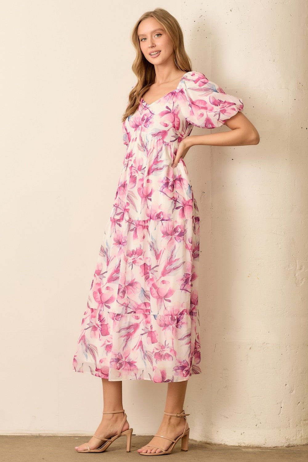 Pink Floral Chiffon Puff Sleeve Midi Dress