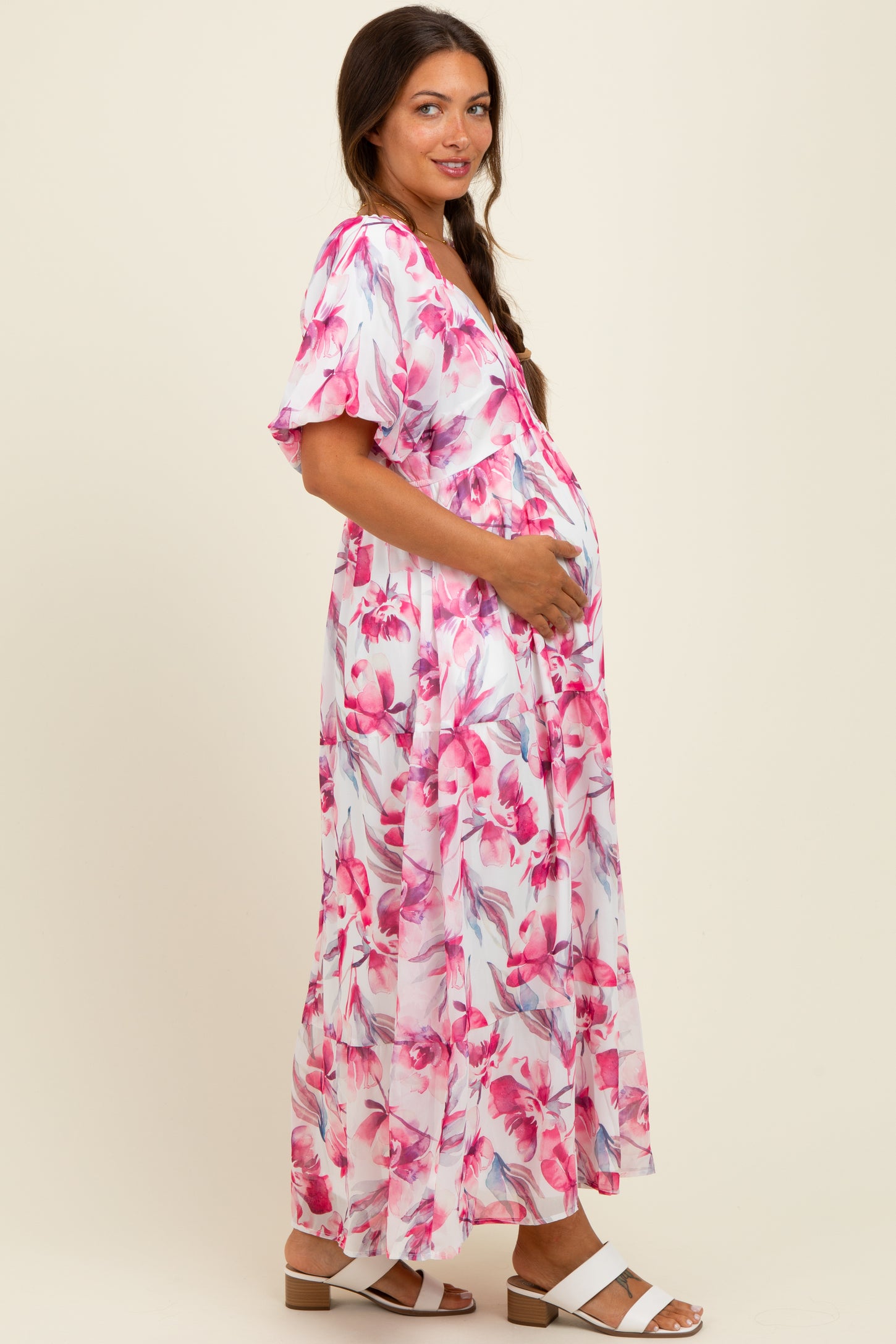 Pink Floral Chiffon Puff Sleeve Maternity Midi Dress