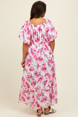 Pink Floral Chiffon Puff Sleeve Maternity Midi Dress