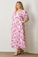 Pink Floral Chiffon Puff Sleeve Plus Midi Dress