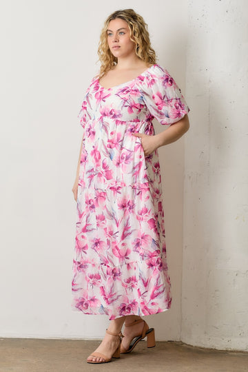 Pink Floral Chiffon Puff Sleeve Plus Midi Dress