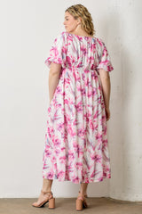 Pink Floral Chiffon Puff Sleeve Plus Midi Dress