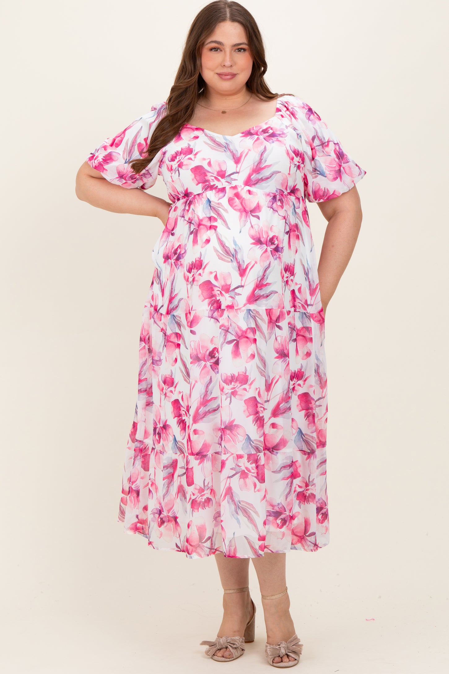 Pink Floral Chiffon Puff Sleeve Maternity Plus Midi Dress
