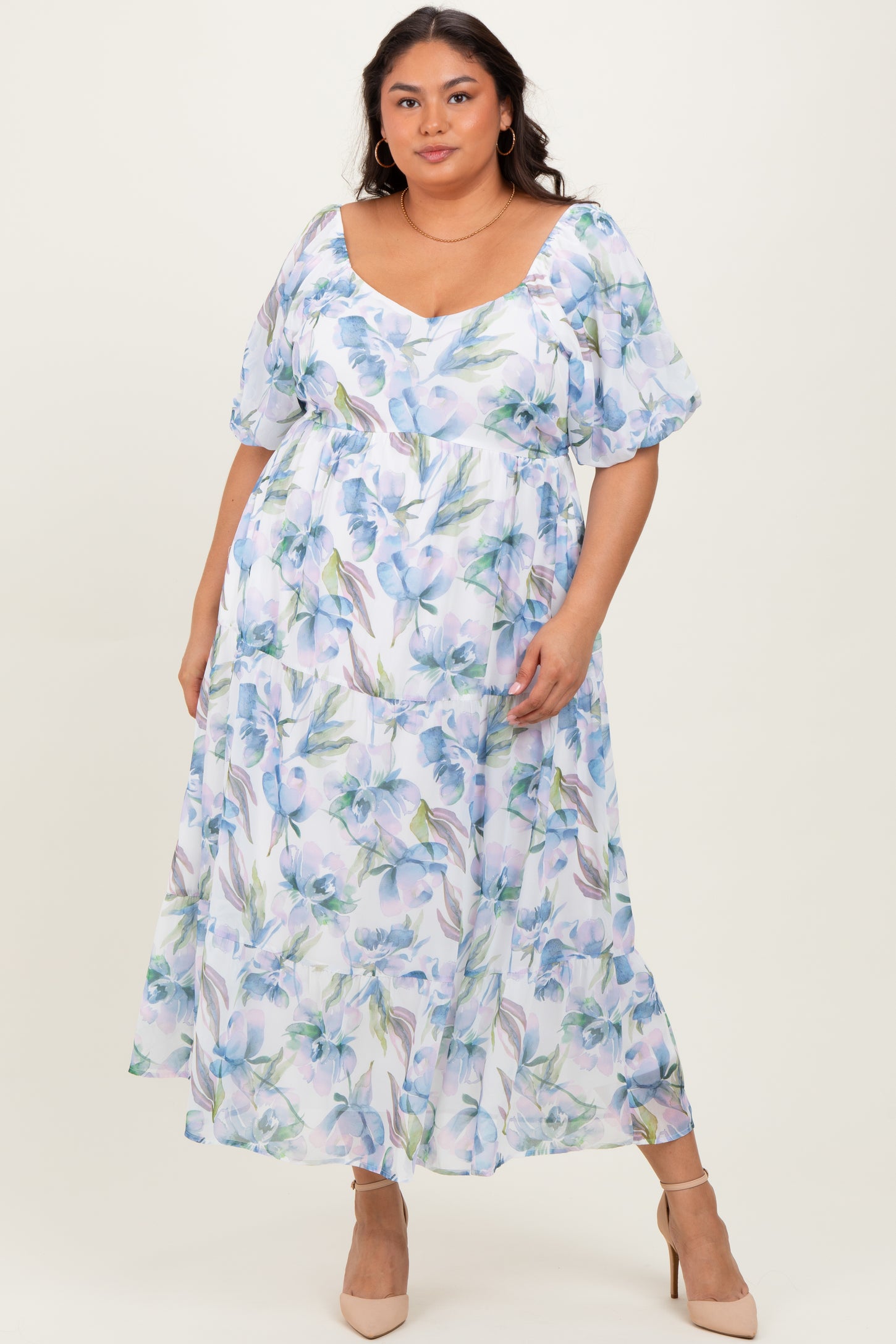 Blue Floral Chiffon Puff Sleeve Plus Midi Dress