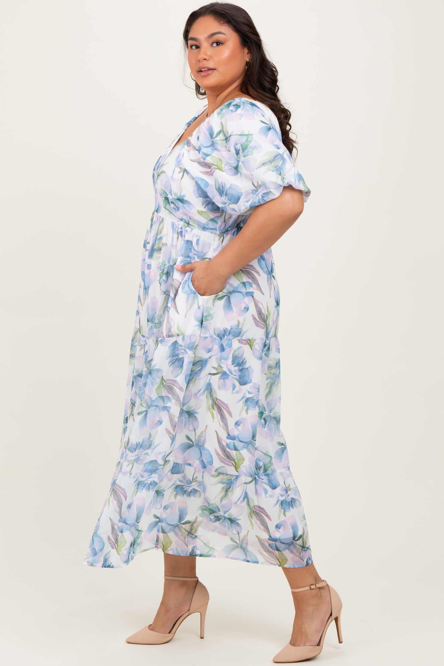 Blue Floral Chiffon Puff Sleeve Plus Midi Dress