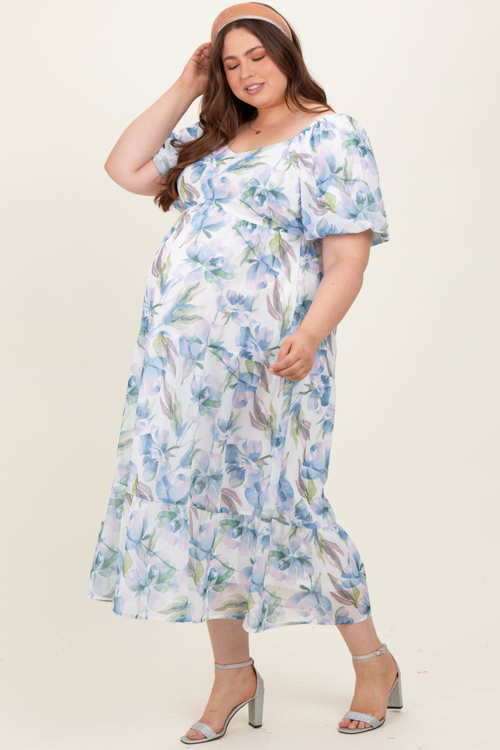 Blue Floral Chiffon Puff Sleeve Maternity Plus Midi Dress