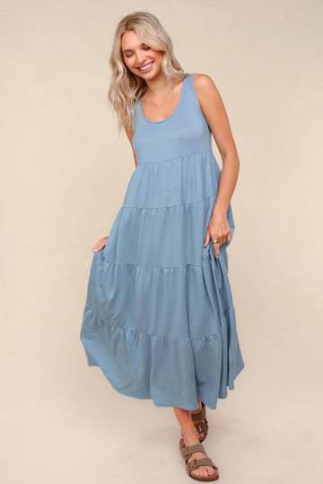 Light Blue Solid Tiered French Terry Maxi Dress