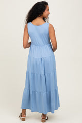 Light Blue Solid Tiered French Terry Maternity Maxi Dress