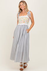 Grey Floral Striped Sleeveless Shoulder Tie Midi Dress