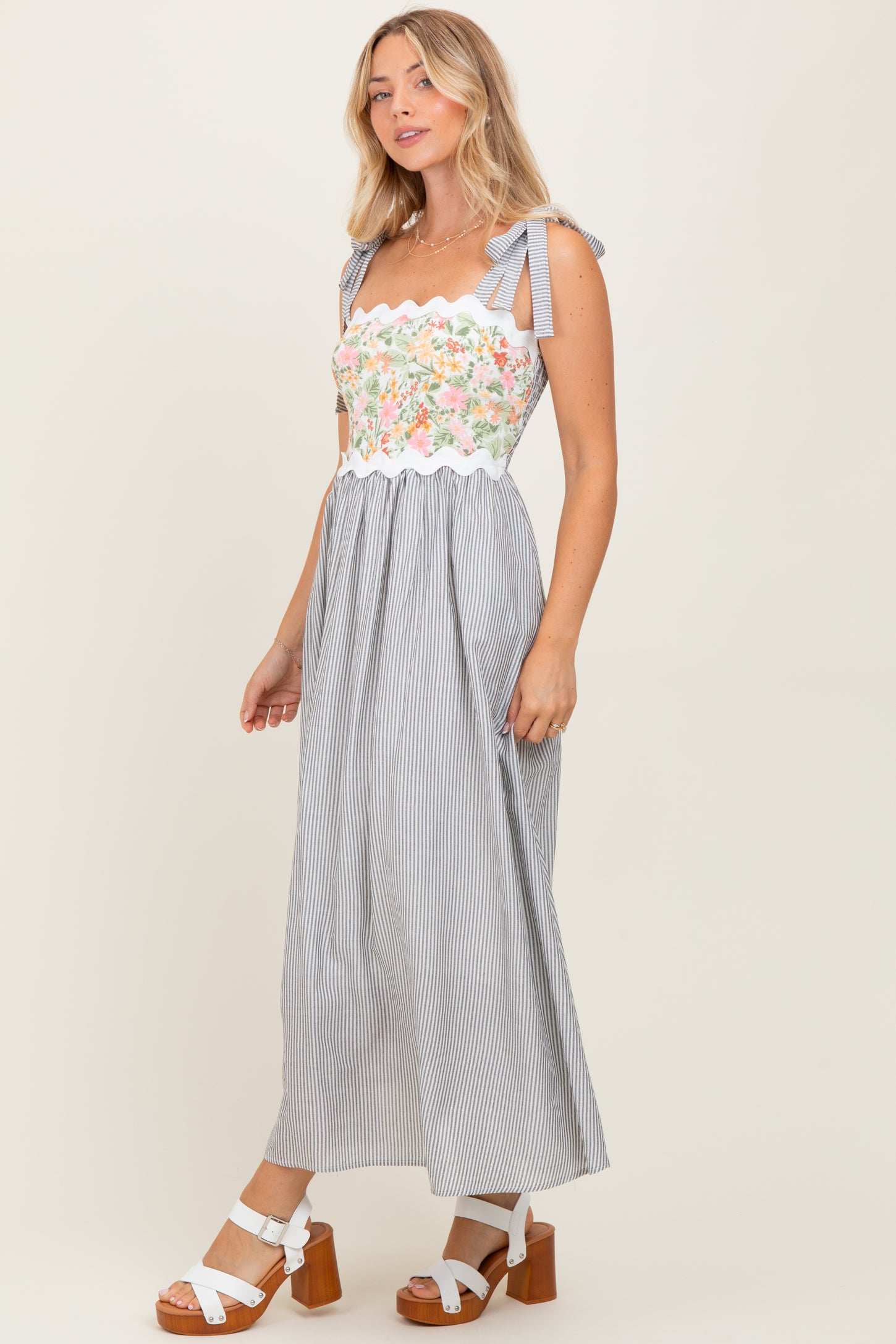 Grey Floral Striped Sleeveless Shoulder Tie Midi Dress
