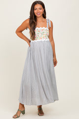 Grey Floral Striped Sleeveless Shoulder Tie Maternity Midi Dress