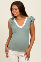 Sage/ Ivory Solid Ribbed Ruffle Sleeve Fitted Maternity Top
