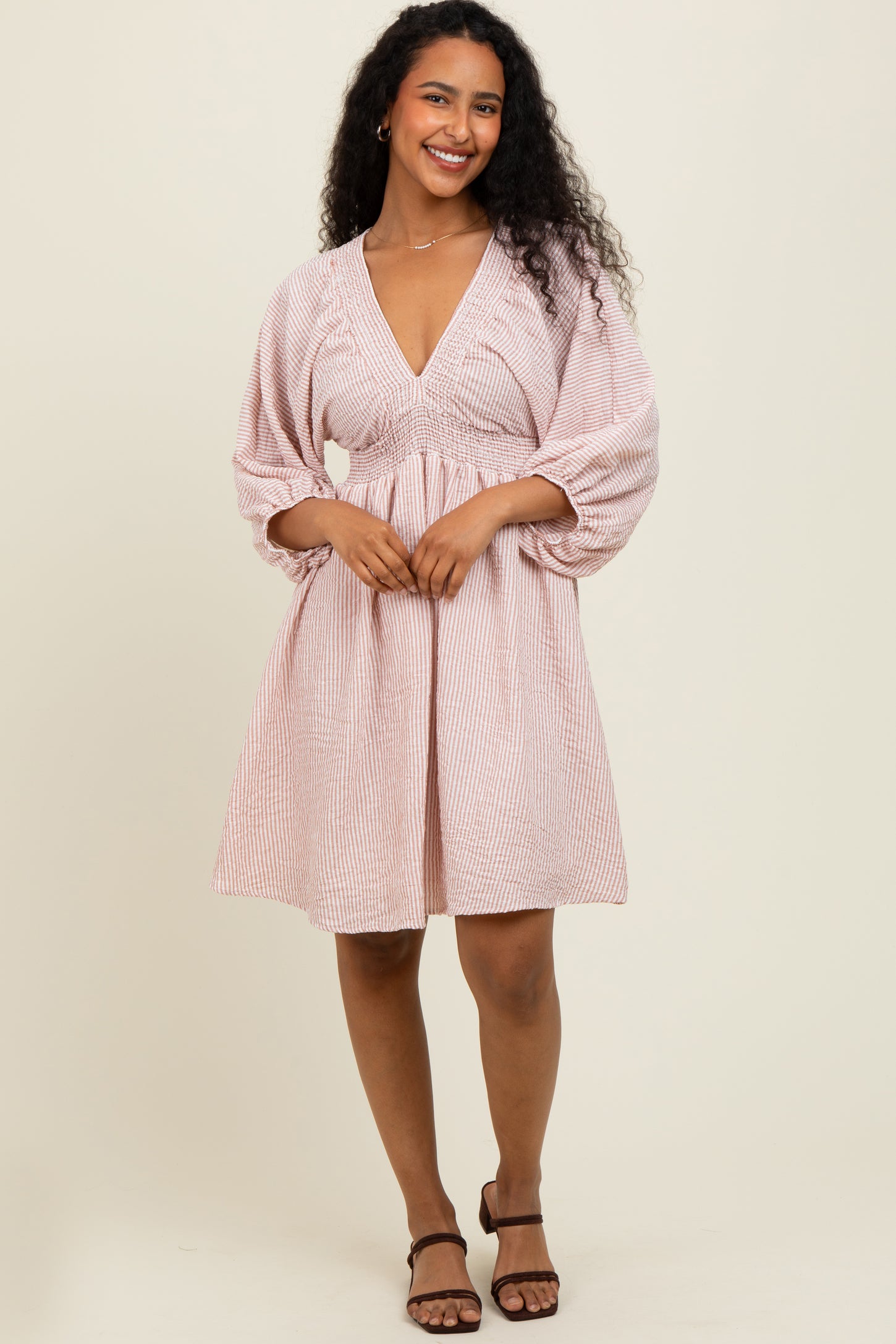 Mauve Striped Balloon Sleeve V-Neck Dress