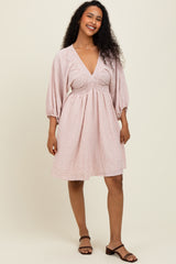 Mauve Striped Balloon Sleeve V-Neck Maternity Dress