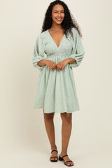 Sage Striped Balloon Sleeve V-Neck Dress