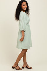 Sage Striped Balloon Sleeve V-Neck Dress