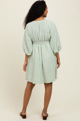 Sage Striped Balloon Sleeve V-Neck Dress