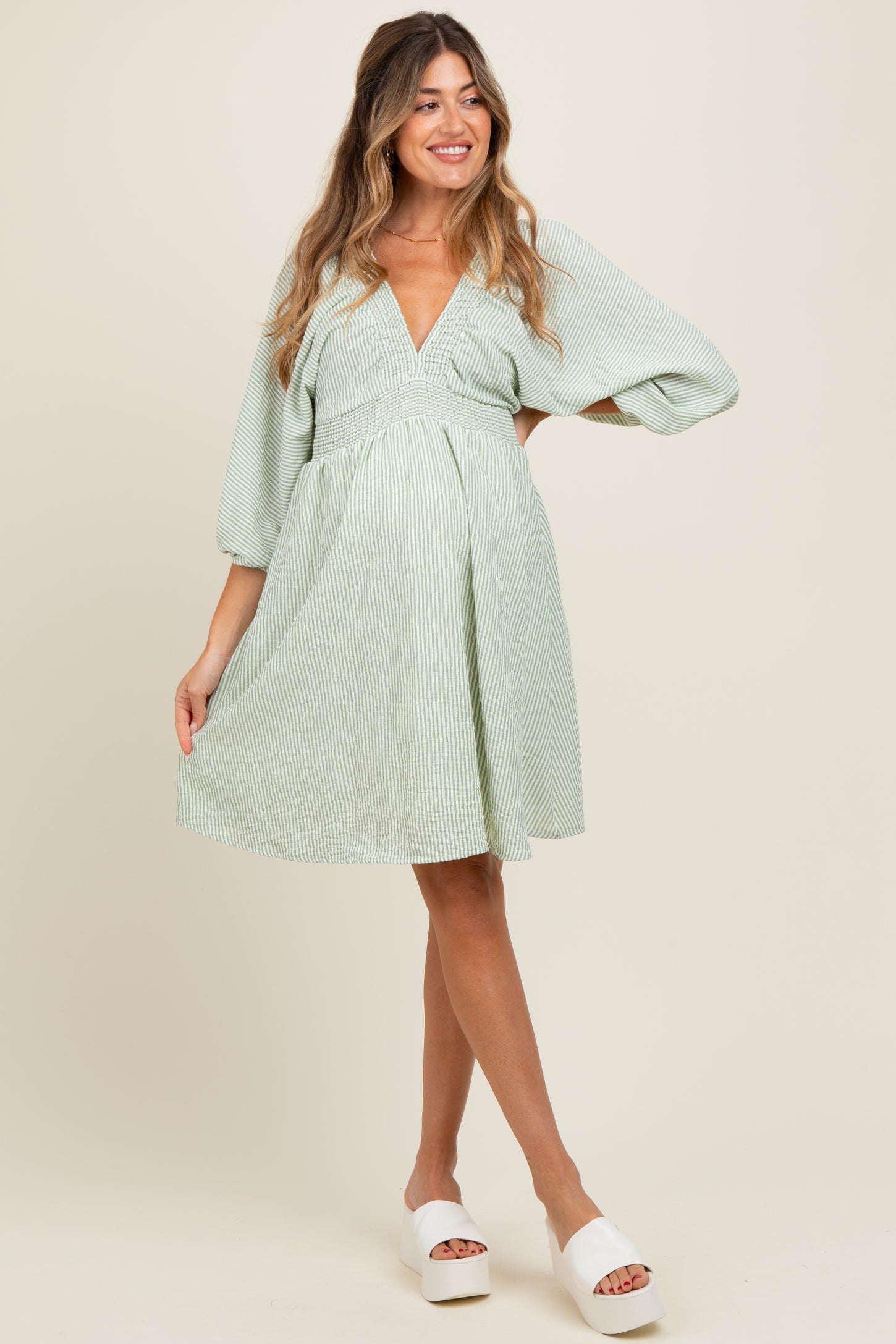 Sage Striped Balloon Sleeve V-Neck Maternity Dress