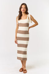 Taupe Mixed Cable Knit Colorblock Shoulder Tie Midi Dress