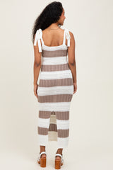 Taupe Mixed Cable Knit Colorblock Shoulder Tie Maternity Midi Dress