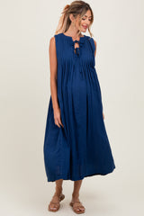 Navy Pleated Double Front Tie Sleeveless Maternity Midi Dress