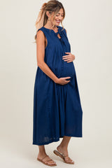 Navy Pleated Double Front Tie Sleeveless Maternity Midi Dress