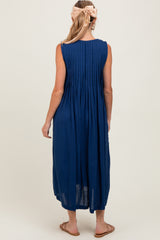 Navy Pleated Double Front Tie Sleeveless Maternity Midi Dress