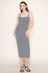 White Gingham Knit Square Neck Sleeveless Midi Dress
