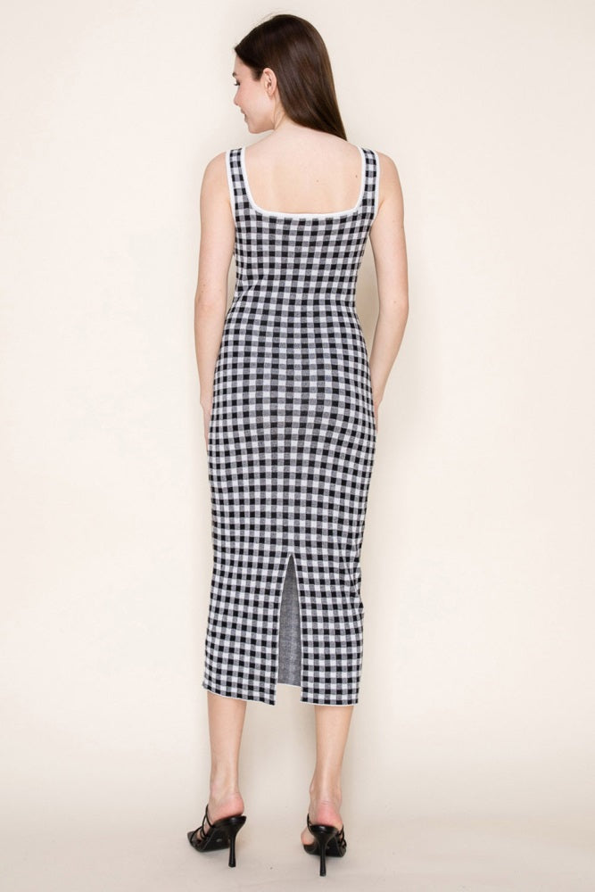 White Gingham Knit Square Neck Sleeveless Midi Dress