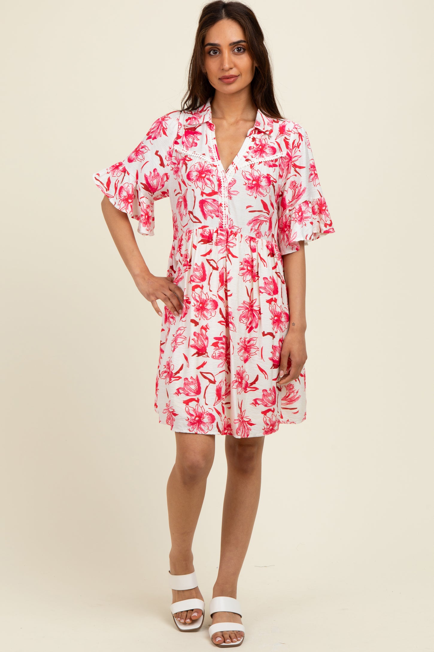 Red Floral V-Neck Crochet Trim Dress