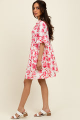 Red Floral V-Neck Crochet Trim Dress