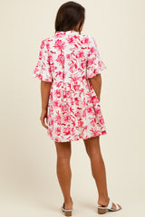 Red Floral V-Neck Crochet Trim Maternity Dress