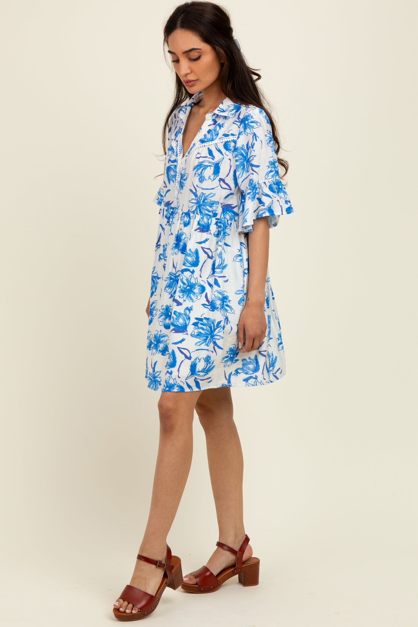 Blue Floral V-Neck Crochet Trim Dress