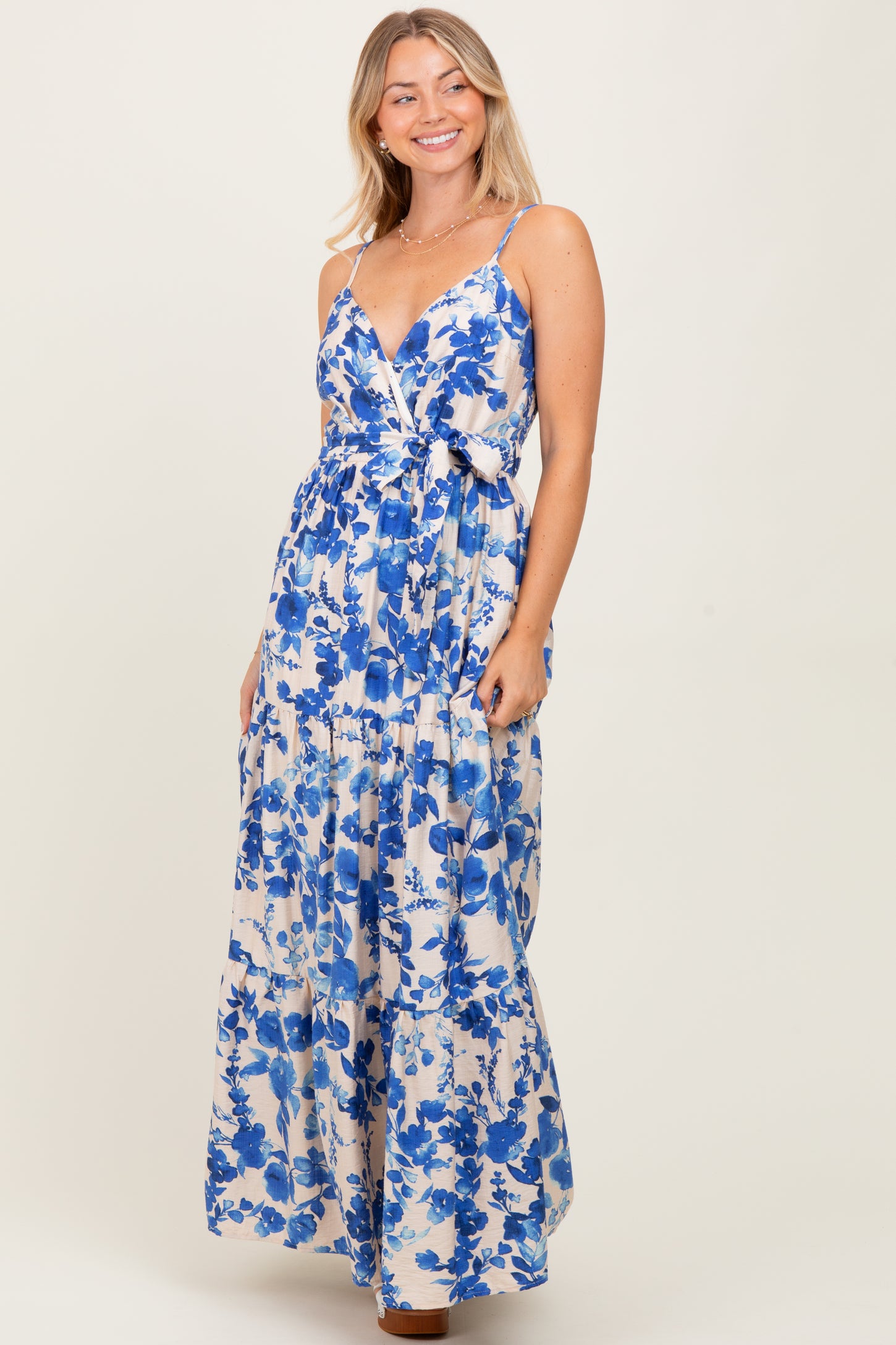 Blue Floral Tiered Sleeveless Sash Tie Maternity Maxi Dress
