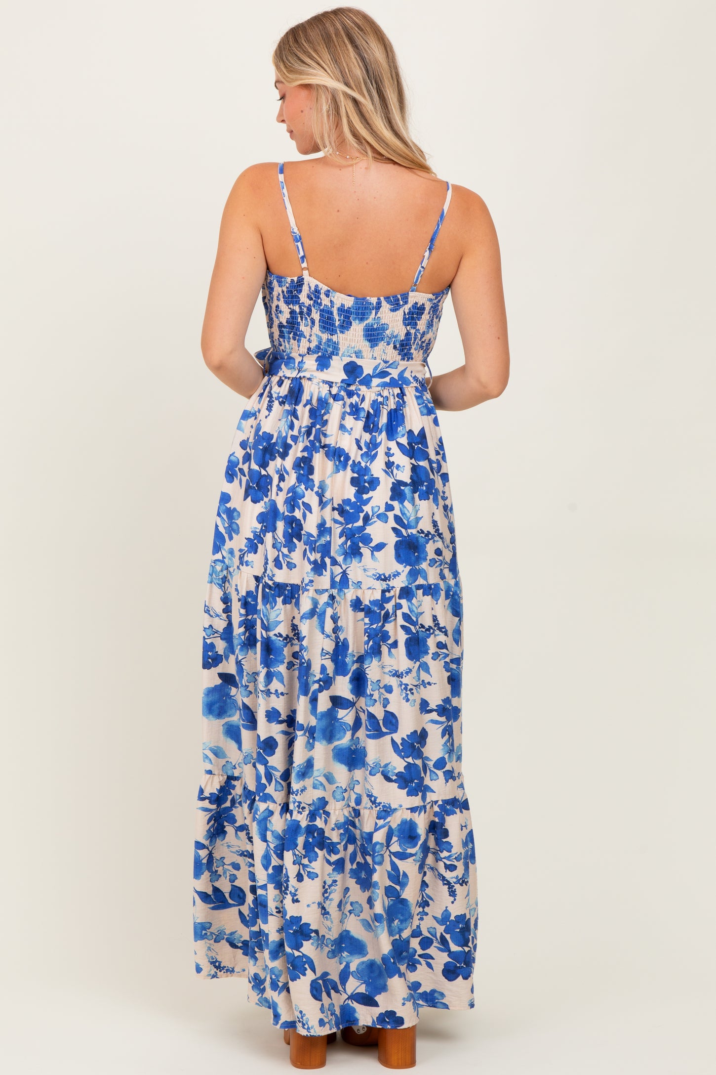 Blue Floral Tiered Sleeveless Sash Tie Maxi Dress