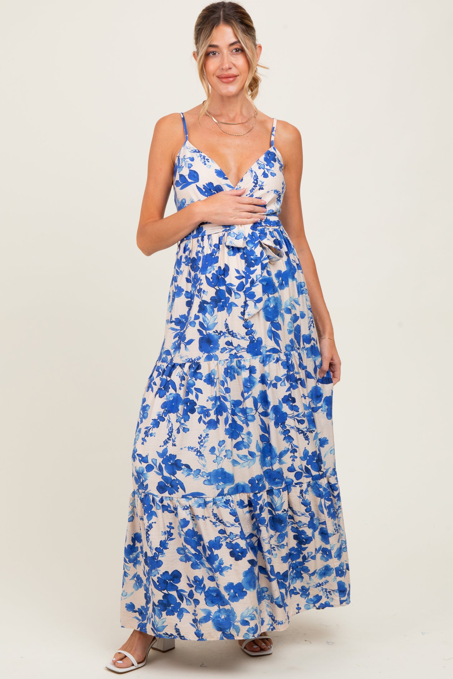Blue Floral Tiered Sleeveless Sash Tie Maternity Maxi Dress
