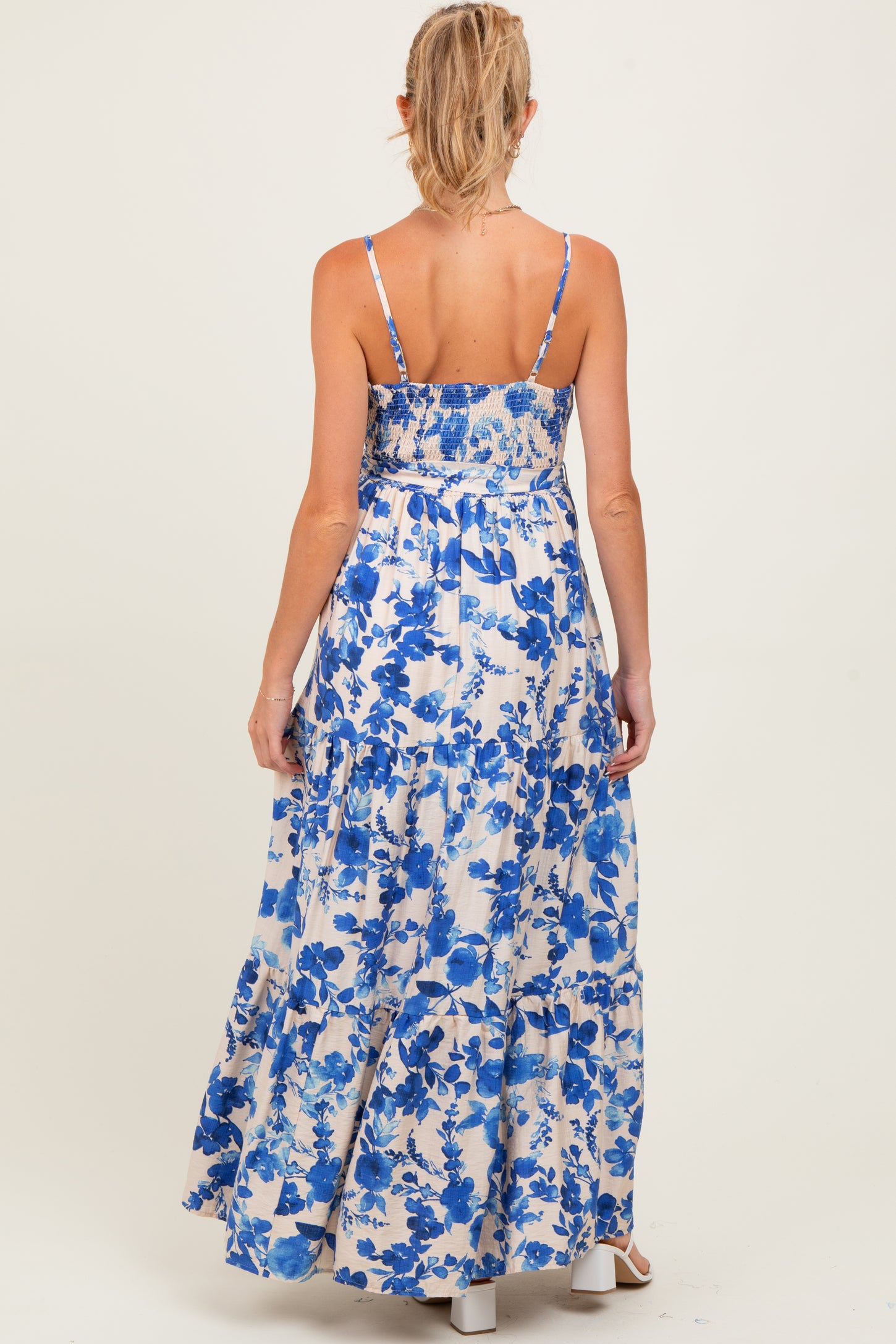 Blue Floral Tiered Sleeveless Sash Tie Maternity Maxi Dress