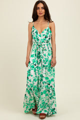 Green Floral Tiered Sleeveless Sash Tie Maxi Dress