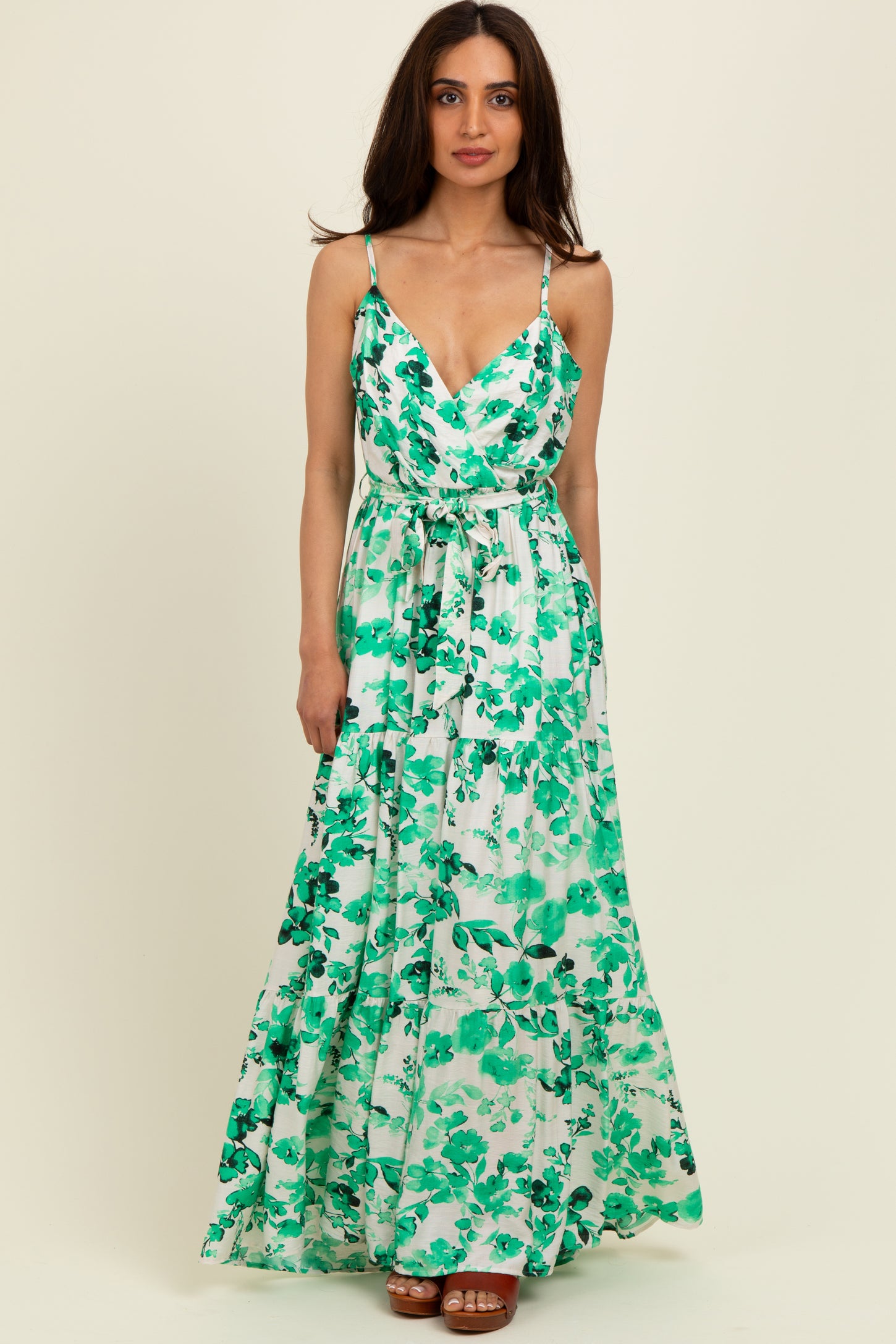 Green Floral Tiered Sleeveless Sash Tie Maxi Dress