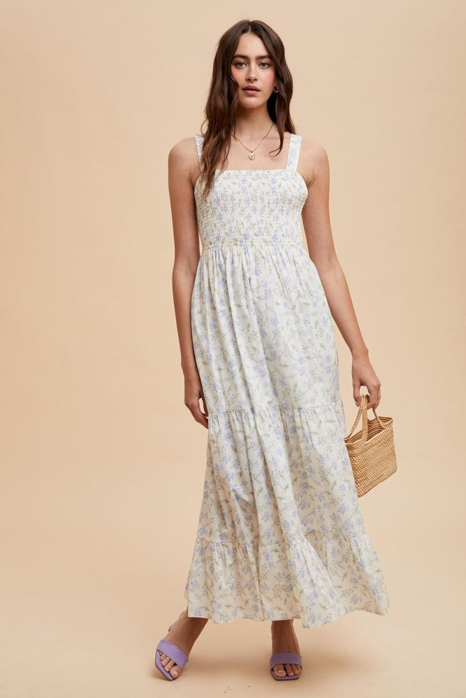 Light Blue Smocked Cotton Floral Sleeveless Maternity Maxi Dress