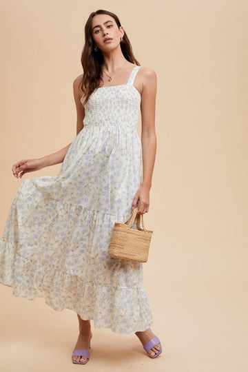 Light Blue Smocked Cotton Floral Sleeveless Maxi Dress