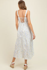 Light Blue Smocked Cotton Floral Sleeveless Maternity Maxi Dress