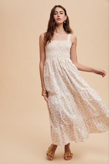 Light Pink Smocked Cotton Floral Sleeveless Maxi Dress