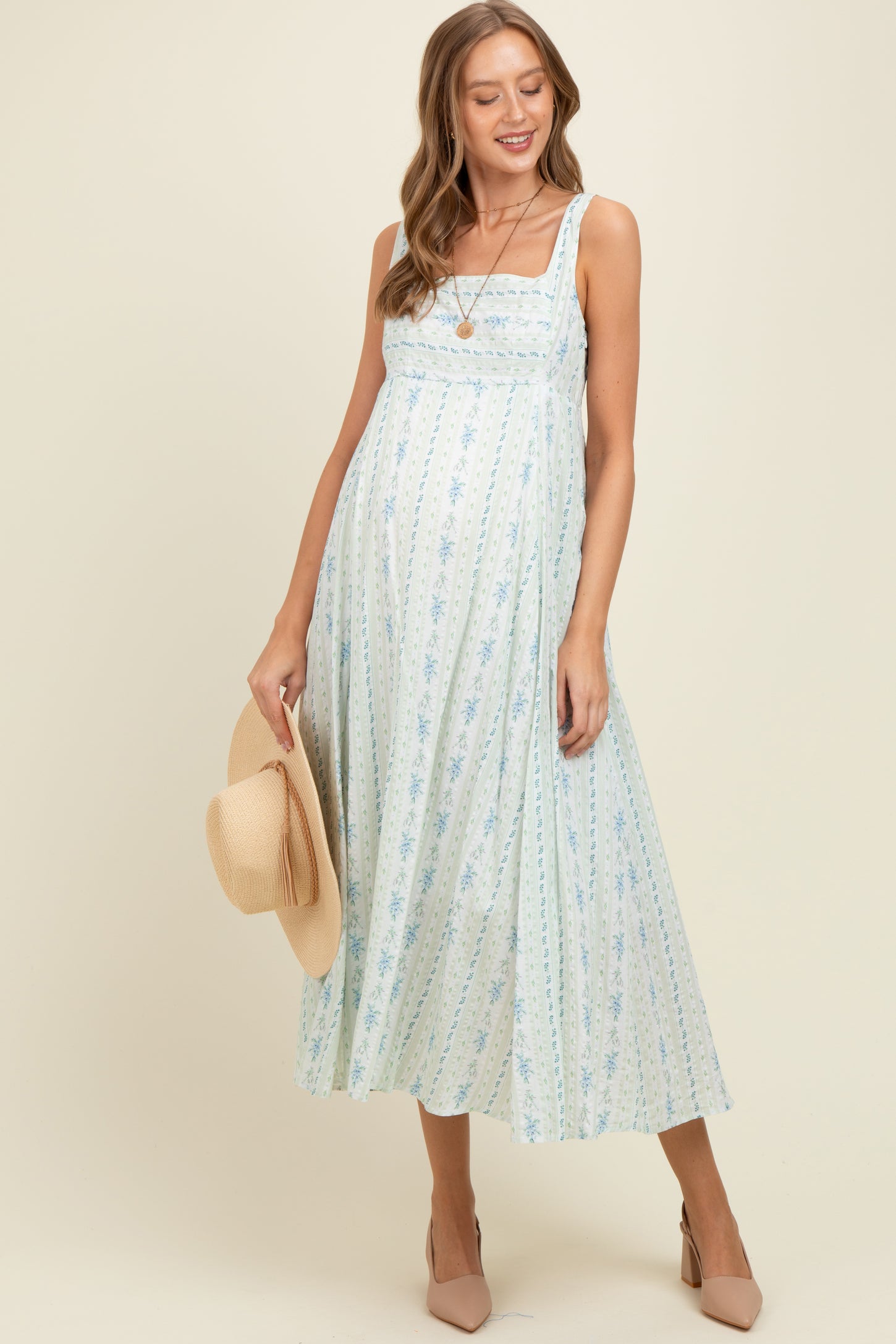 Light Blue Cotton Floral Square Neck Sleeveless Maternity Maxi Dress
