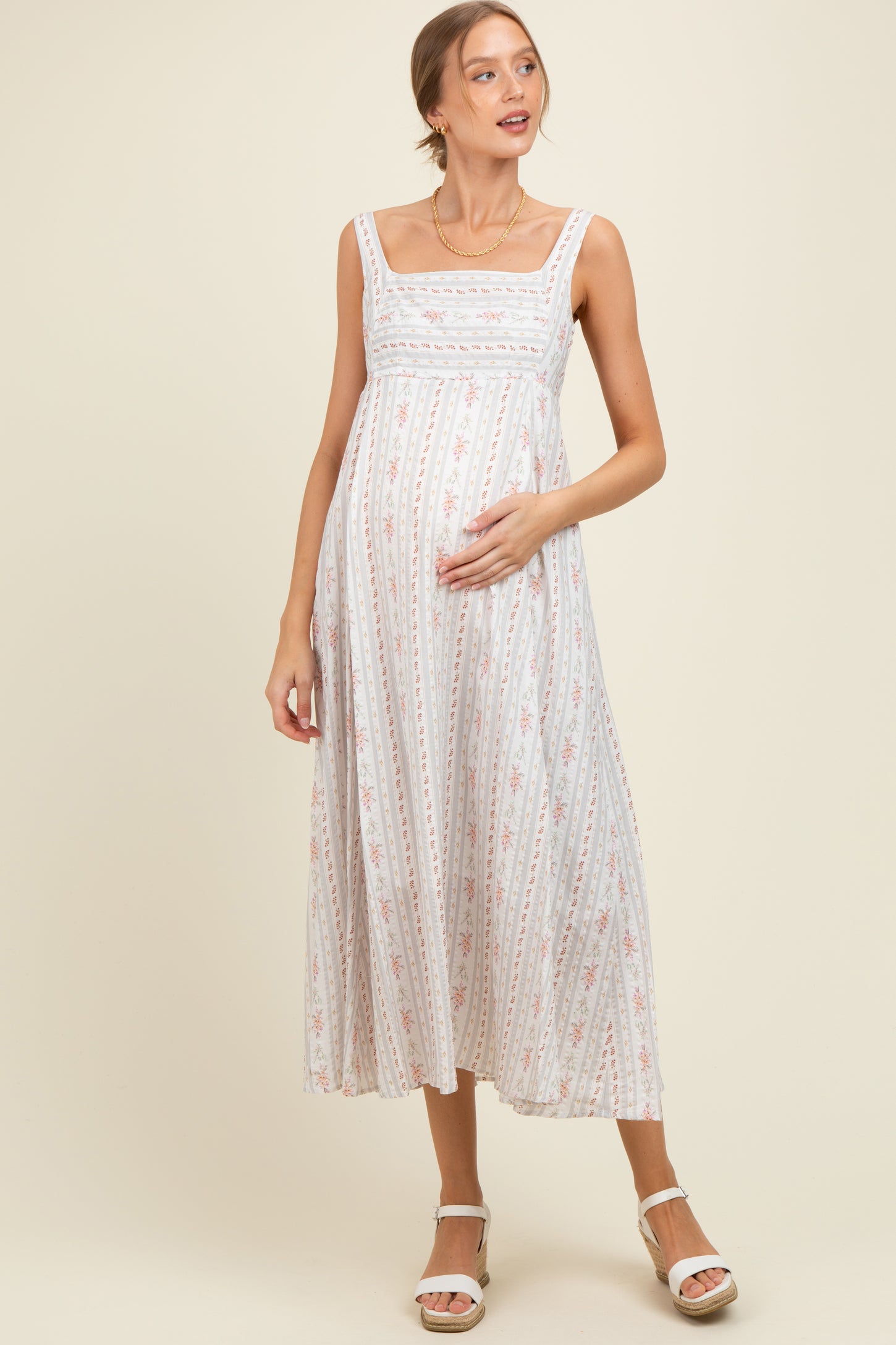 Light Gray Cotton Floral Square Neck Sleeveless Maternity Maxi Dress