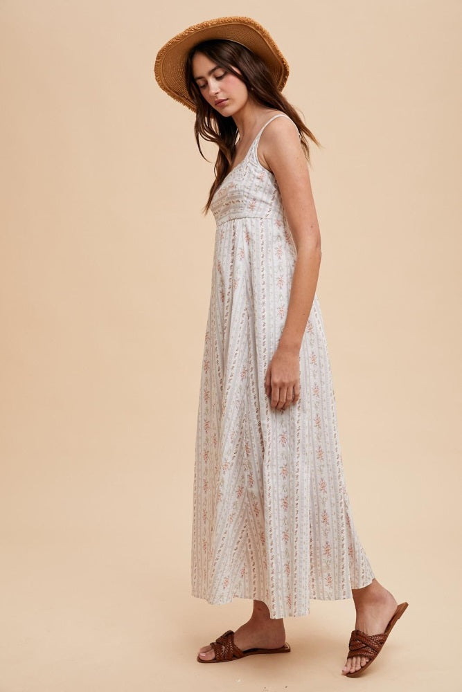 Light Gray Cotton Floral Square Neck Sleeveless Maxi Dress
