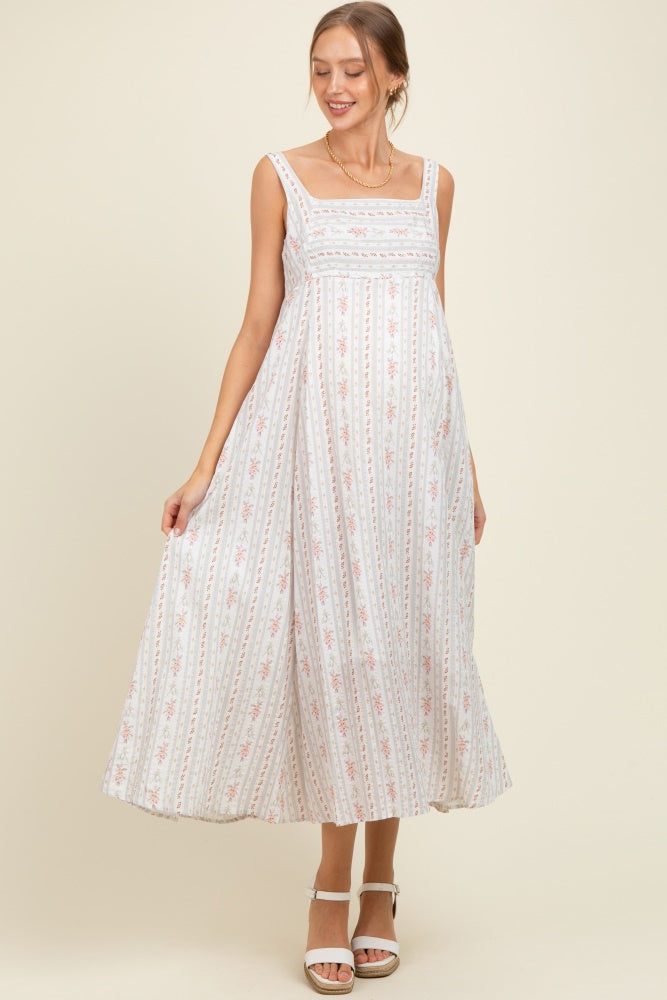 Light Gray Cotton Floral Square Neck Sleeveless Maternity Maxi Dress