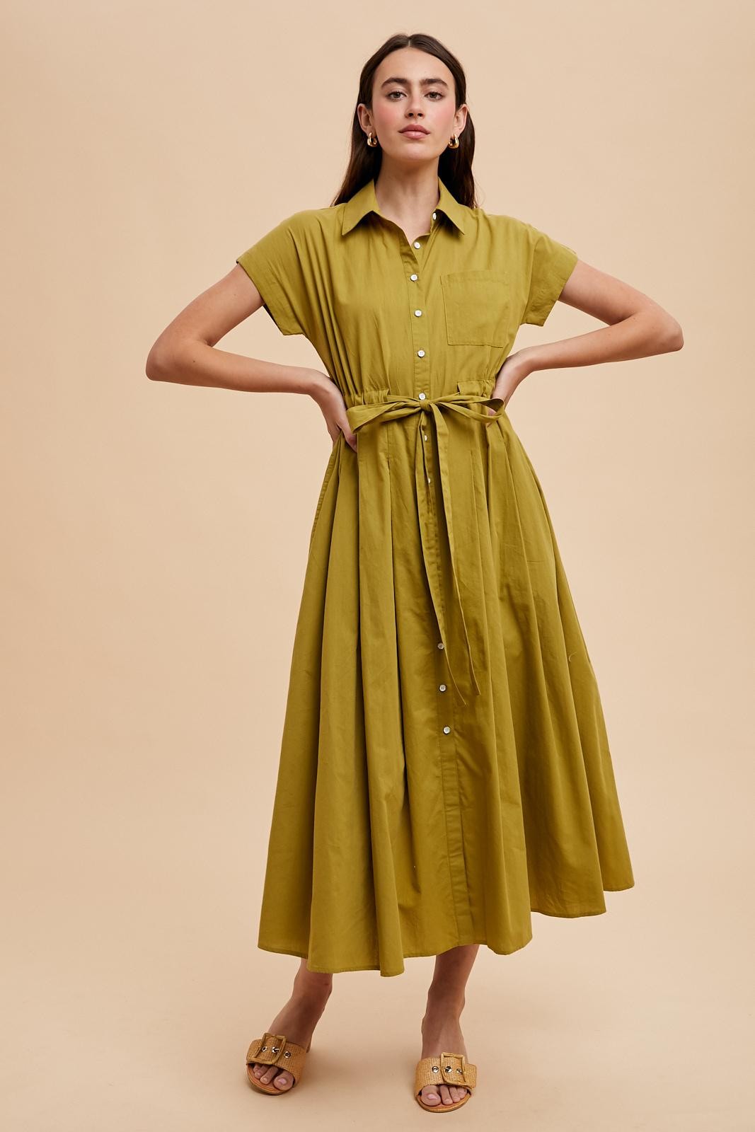 Olive Button Down Shirt Maternity Maxi Dress